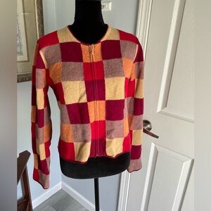The Limited Sweater. Zip Cardigan. Lambs wool. Checkerboard earth tones. Size M